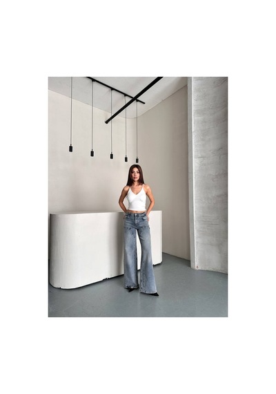Zdnjeans Kadın Gri Yıkamalı Ultra Wide Leg Palazzo Jean Pantolon