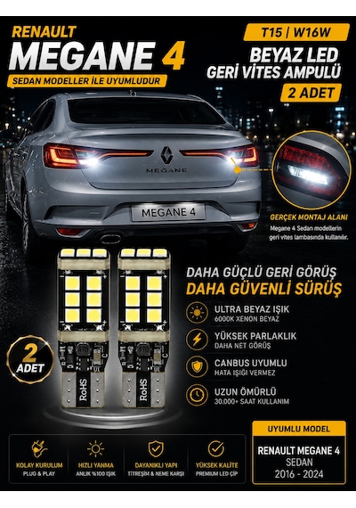 Renault Megane 4 Sedan İle Uyumlu T15 W16w Beyaz Led Geri Vites Ampulü Canbus 2 Adet