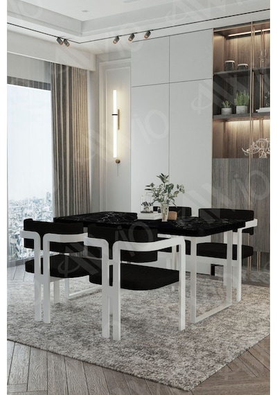 Avvio Mitra Metalayak Tokyo Demonte Sandalye 80x120 Yemek Masası Mutfak Masası 4 Kişilik Siyah Mermer