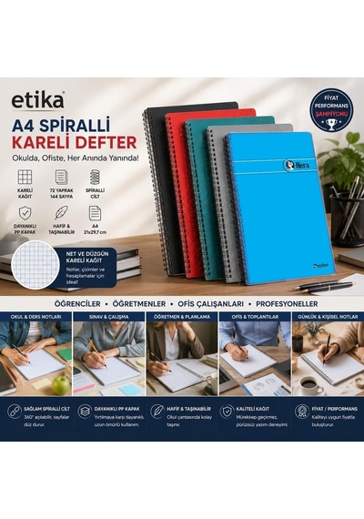A4 Spiralli Kareli Okul Defteri - Pp Kapak, 72 Yaprak / 144 Sayfa