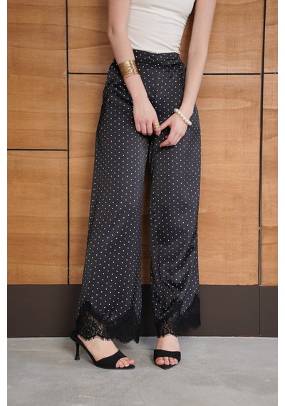 Verymoda Puantiyeli Paçası Dantelli Saten Pantolon D2970 Siyah