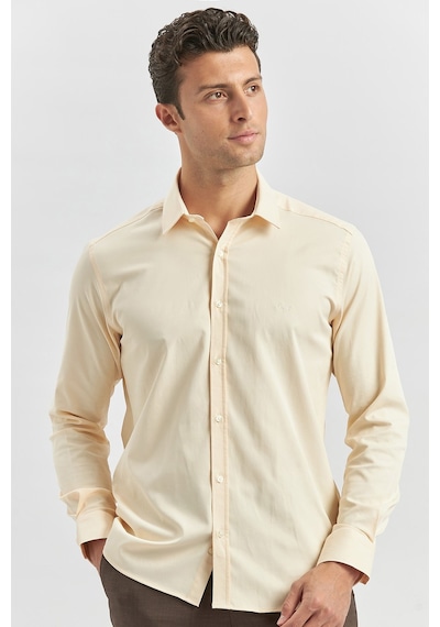 İmza Açık Bej Uzun Kol Düz Bez Ayağı 032 Sert Yaka Classic Slim Fit Gömlek 1004240334 Açık Bej