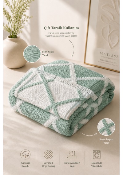 Premium Geometrik Kare Desenli %100 Pamuk Müslin Çift Taraflı Yatak Örtüsü Pike 220x240 Çift Kişilik Mint Yeşili