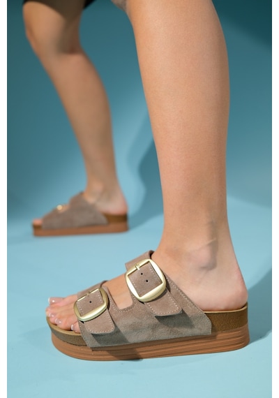Luvishoes Harbor Kum Süet Çift Bantlı Hakiki Deri Kadın Kalın Tabanlı Terlik Bej