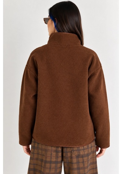 Mevese Oversize Dik Yaka Biyeli Fermuarlı Cepli Teddy Peluş Ceket- - Acı Kahve Kahverengi