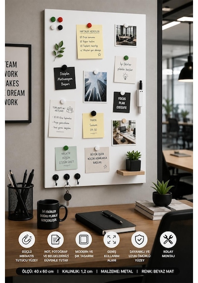 Yiğit Metal Mıknatıslı Pano Beyaz Ofis/çalışma Odası İçin Mıknatıs Hediyeli Metal Magnet Hatıra Panosu 40 x 60 CM
