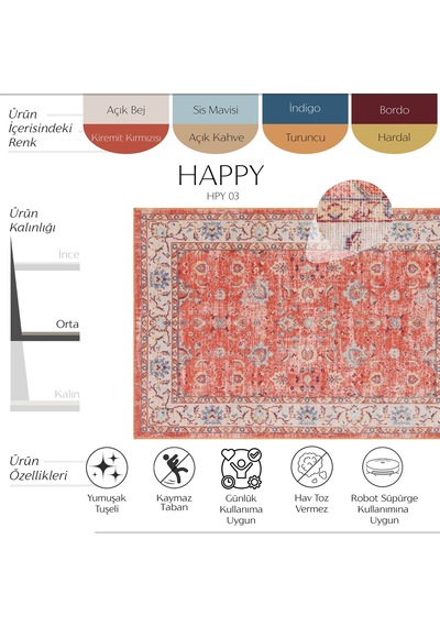 Cool Halı Happy Kırmızı Halı Vintage Kaymaz Eskitme Bohem Modern Kiremit Salon Oturma Odası Halısı