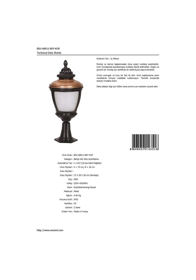 Avonni Bsu-68011-bsy-kop Kahverengi/siyah Elektrostatik Toz Boyalı Dış Mekan Aydınlatma, E27, Aluminyum, Polikarbon Cam, 26cm Sku: Smgstk44e76a8122