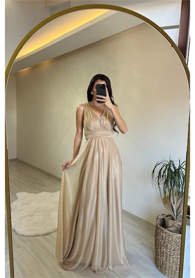 Neşeli Butik Kadın Drapeli Işıltılı Kalın Askılı Abiye Elbise Nm003 Sarı