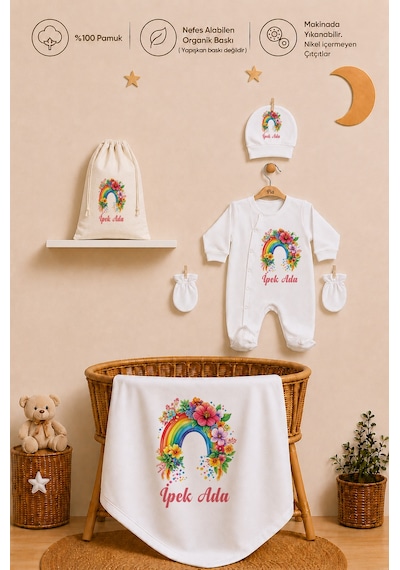 Pia Baby İsme Özel Kız Bebek Hastane Çıkışı Battaniyeli Tulum Seti %100 Pamuk Ham Bez Kıyafet Kesesi Yenidoğan Bebek Hediyesi 1005btk3x Ekru