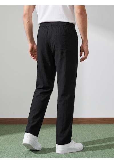 Danger Erkek Baggy Kalıp Beli Lastikli %100 Pamuk Keten Görünümlü Pantolon Siyah 1007dngr