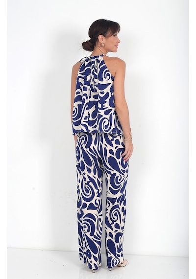 By Saygı Kadın Halter Yaka Bluz Beli Lastikli Cepli Palazzo Pantolon Desenli 2'li Takım Lacivert By Saygı Kadın Halter Yaka Bluz Beli Lastikli Cepli Palazzo Pantolon Desenli 2'li Takım Lacivert