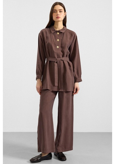 Olcay Metal Düğmeli Soft Kumaş Tunik Pantolon İkili Takım Kahve 9397-tk