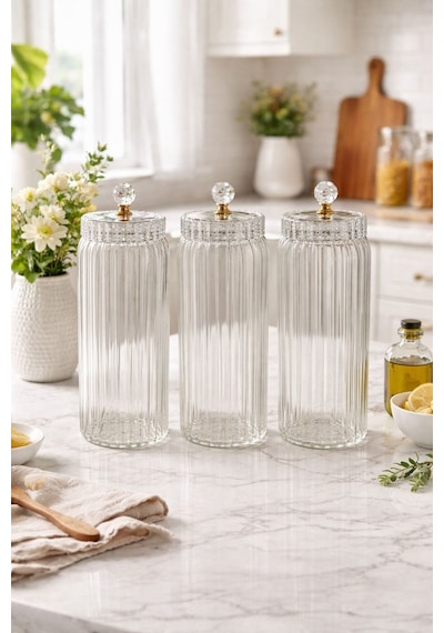Qerhome 3'lü Borosilikat Cam Optik Çizgili Kristal Gold Kapaklı Kavanoz Seti 1500 Ml Şeffaf