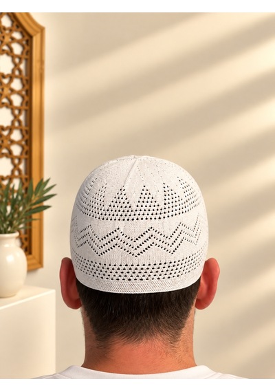 Erkek Namaz Takkesi Zikzak Desenli Standart Beden Mv001 Hac Umre Ve Günlük Kullanım Takkesi Beyaz