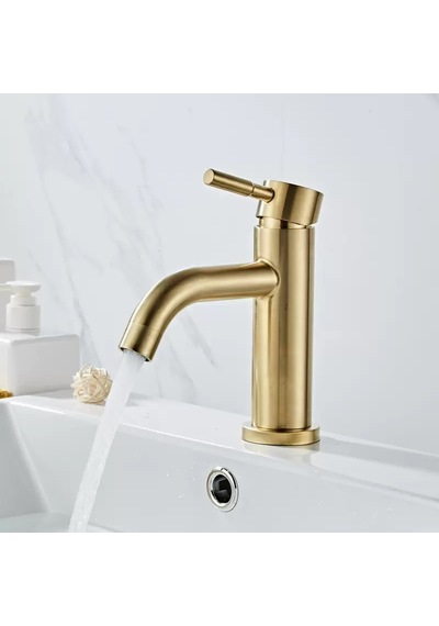 Alfas Lavabo Bataryası Mat Gold Fırçalı Altın 304 Paslanmaz Çelik Aç Kapa Banyo Bataryası Uzun Gaga