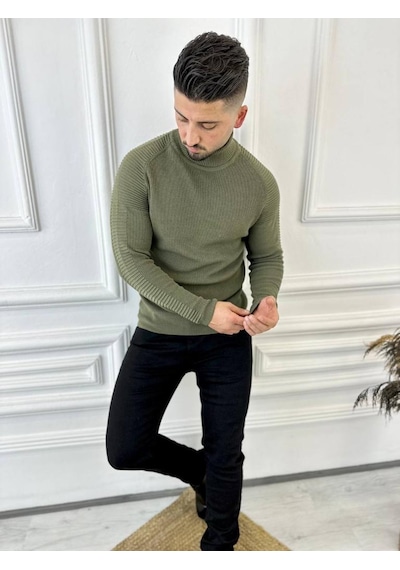 Elku Moda Kazak Naturel Pamuk Triko Boğazlı Balıkçı Yaka Kazak Haki - Yeşil