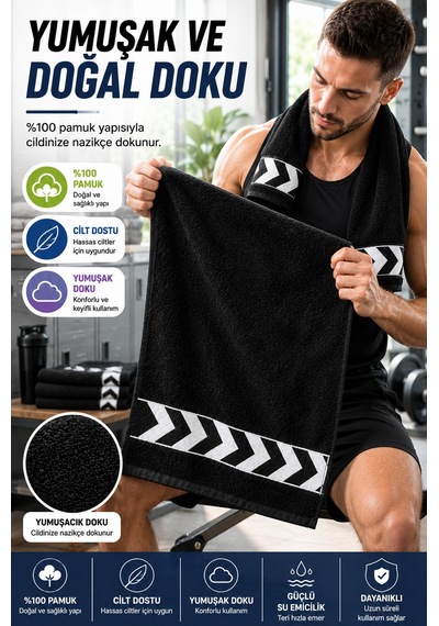 Siyah 30x100 Cm %100 Pamuk 450 Gsm Spor Havlusu Fitness Gym Boks Tenis Golf Yüz Havlusu Yıkanabilir