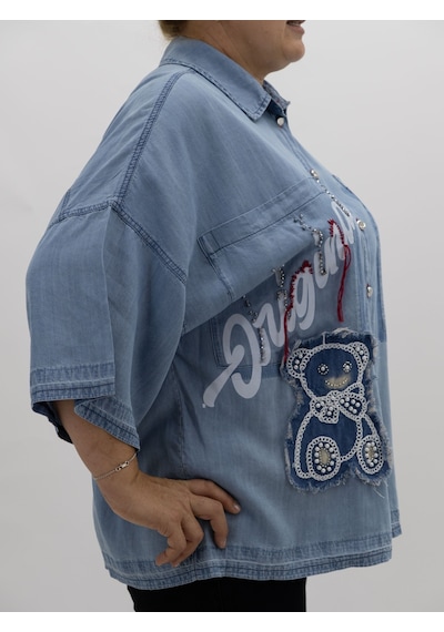 La Velina Büyük Beden Ayıcık Aplikeli Taş Detaylı Denim Tunik Gömlek Mavi