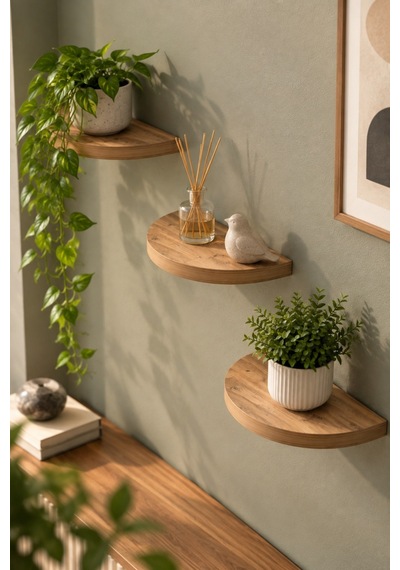 Sulorahome 3'lü Oval Duvar Rafı Ceviz Desenli 115 Cm