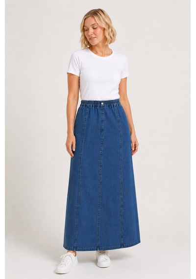 Bihan Store Beli Lastikli Dikiş Panelli Denim Maxi Etek Y26-7592-mavi
