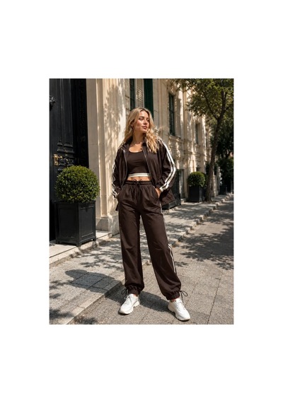 Kadın Koyu Kahverengi Spor Takım Şerit Detaylı Crop, Oversize Ceket Ve Lastikli Bağcıklı Pantolon - 2322 S