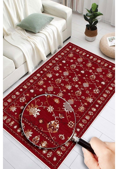Dijital Baskılı Renkli Kilim Desenli Kaymaz Taban Yıkanabilir Halı Bordo
