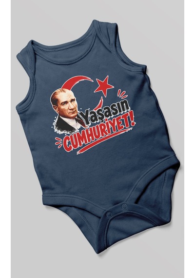 Morivokids Yaşasın Cumhuriyet Sıfır Kol Bebek Body %100 Pamuk Lacivert