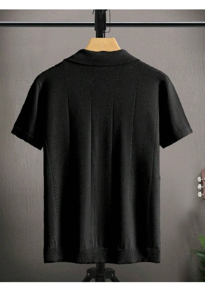 Erkek Çizgili Kısa Kollu Triko T-shirt Siyah
