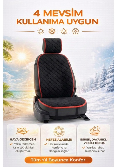 Oto Koltuk Kılıfı Tay Tüyü Tekli Ön Minder 4 Katmanlı Terletmez Airbag Uyumlu - Siyah Kırmızı