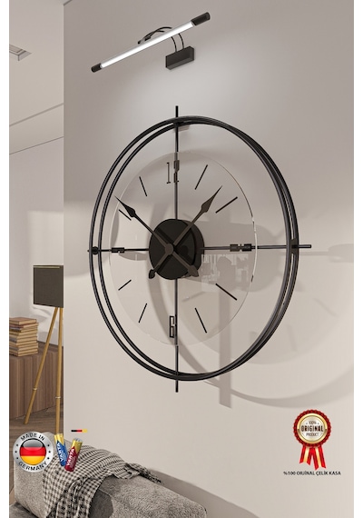 MetaQuartz Aksesuar Deluxe Şeffaf Cam İskandinav Çiftçember Camlı Duvar Saati Siyah 55 x 55 CM