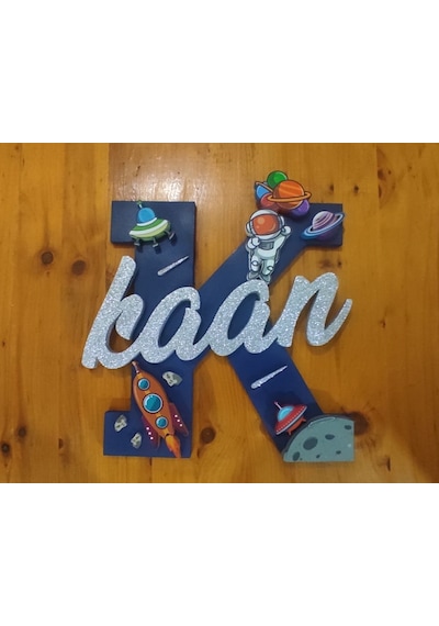 Trendywoody Uzay Temalı Çocuk Ahşap Harf Kapı Süsü İsimlik K