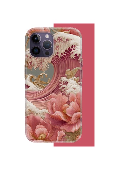 İphone 14 Pro Max Uyumlu Pembe Çiçekli Dalga Uv Baskılı Silikon Kılıf Renkli