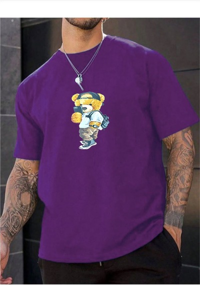 Medinenur Unisex Peluş Ayı Baskılı Bisiklet Yaka Tshirt Mor