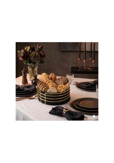 Dekoratif Gold Metal Detaylı Şık Sunum Ekmek Sepeti 21x11 Cm Siyah