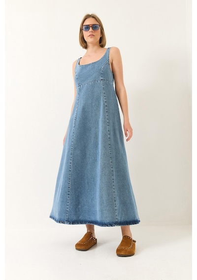 Kadın Geniş Yaka Askılı Kloş Denim Elbise 6069 60281038 - Buz Mavisi