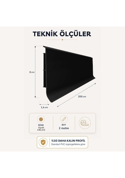 Linela Suya Dayanıklı Pvc Süpürgelik 8 Cm - Siyah - Lnl412