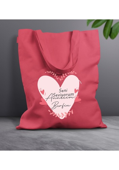 Bk Gift Kişiye Özel İsimli Anneler Günü Tasarımlı Kırmızı Kumaş Bez Çanta, Baskılı Omuz Çantası, Alışveriş Çantası, Anneler Günü Hediyesi, Anneye Hediye-10