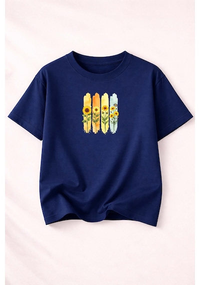 Herkesemoda Ayçiçek Demeti Baskılı Kadın Bisiklet Yaka Pamuklu T-shirt Lacivert