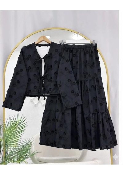 Lovie Moda Kadın Çiçek Nakışlı Kimono Etekli Takım - Siyah