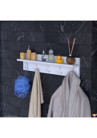 Modilayn Kedi Serisi 5 Li Banyo Askısı Seti 76,4x18cm 15 Kancalı Raflı Düzenleyici Yer Tasarrufu Beyaz