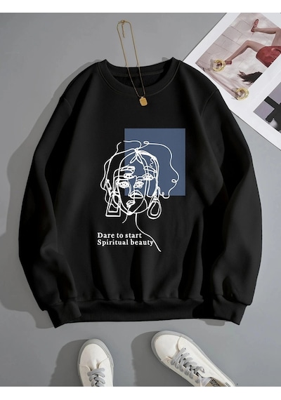 Startmore Kadın Beauty Baskılı Oversize Bisiklet Yaka Sweatshirt Siyah Siyah