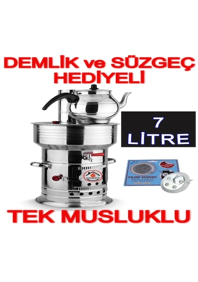 Odunlu Kömürlü Çay Semaveri Odunlu Kömürlü Semaver Tek Musluklu Semaver 7 Litre Demlik 1 Litre