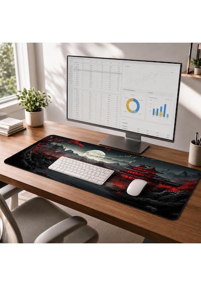 Zen Xxl Mouse Pad 90x40 Cm, Büyük Masa Matı, 3 Mm Dikişli Kenar, Kaymaz Kauçuk Taban, Gaming Mousepad Crimson Temple