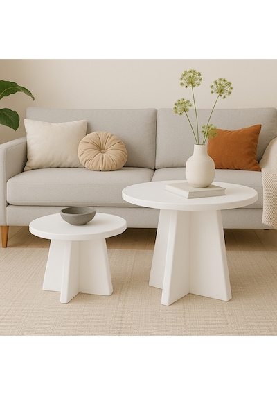 Luna Model 2 Li Orta Sehpa Seti, 58 Cm, 40 Cm Çaplı, Yükseklik 39 Cm, 46 Cm İskandinav Stil Beyaz
