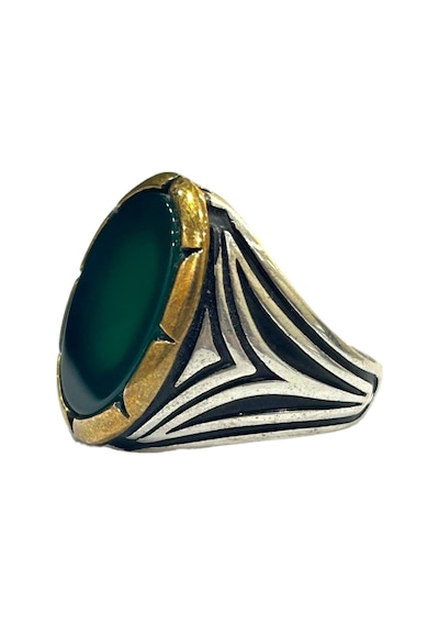 Erkek Yüzük 925 Ayar Yeşil Akik Taşlı Gümüş Yüzük G714020