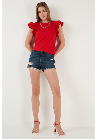Lela Pamuklu Kolları Fırfırlı Slim Fit Bisiklet Yaka Bayan T Shirt 5864500 Kırmızı Lela Pamuklu Kolları Fırfırlı Slim Fit Bisiklet Yaka Bayan T Shirt 5864500 Kırmızı