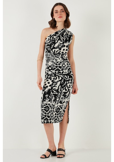 Lela Desenli Slim Fit Midi Boy Tek Omuzlu Bayan Elbise 5866202 Siyah-Beyaz