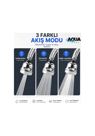 Aqua Sara 3 Fonksiyonlu Mutfak Lavabo Musluk Başlığı 360 Derece Döner Musluk Ucu Tasarruflu Krom