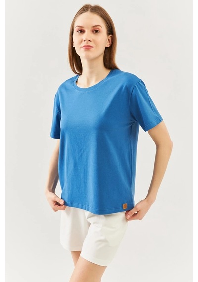 Kadın Rahat %100 Pamuklu Penye Bisiklet Yaka Kısa Kol Basic T-shirt Mavi